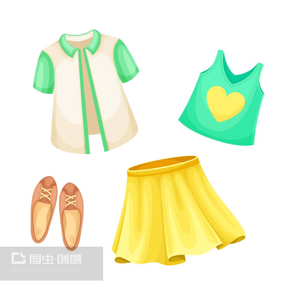 女孩套裝的夏季服裝。襯衫,背心,裙子和芭蕾舞鞋卡通矢量插圖